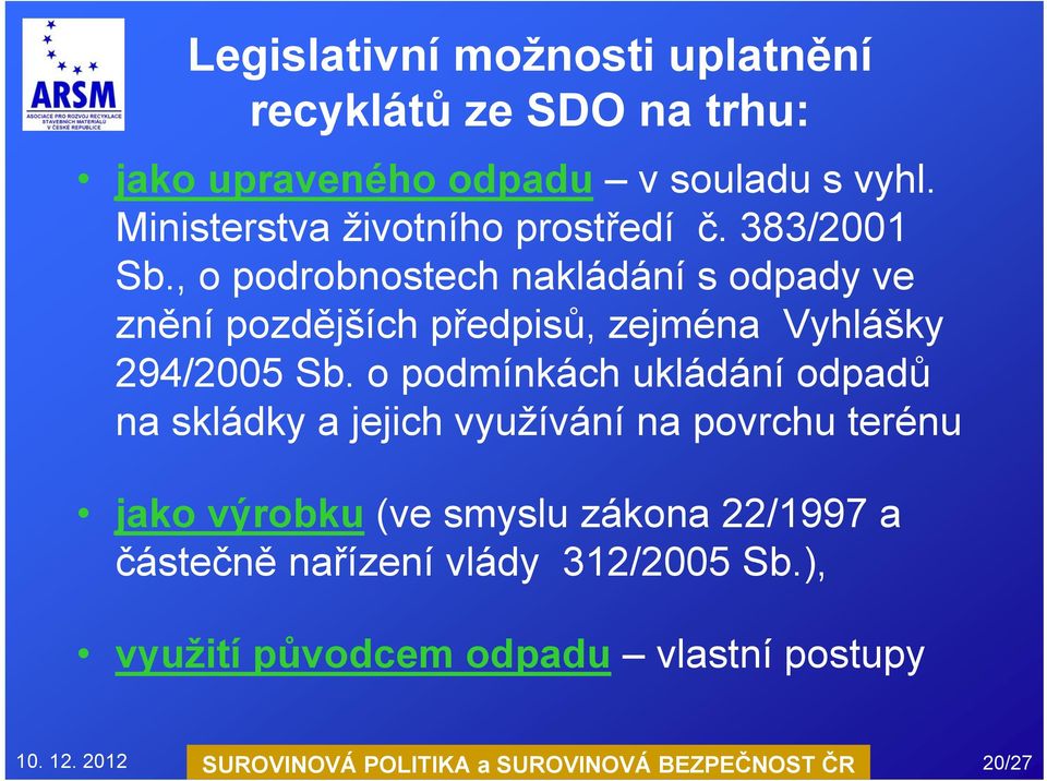 , o podrobnostech nakládání s odpady ve znění pozdějších předpisů, zejména Vyhlášky 294/2005 Sb.