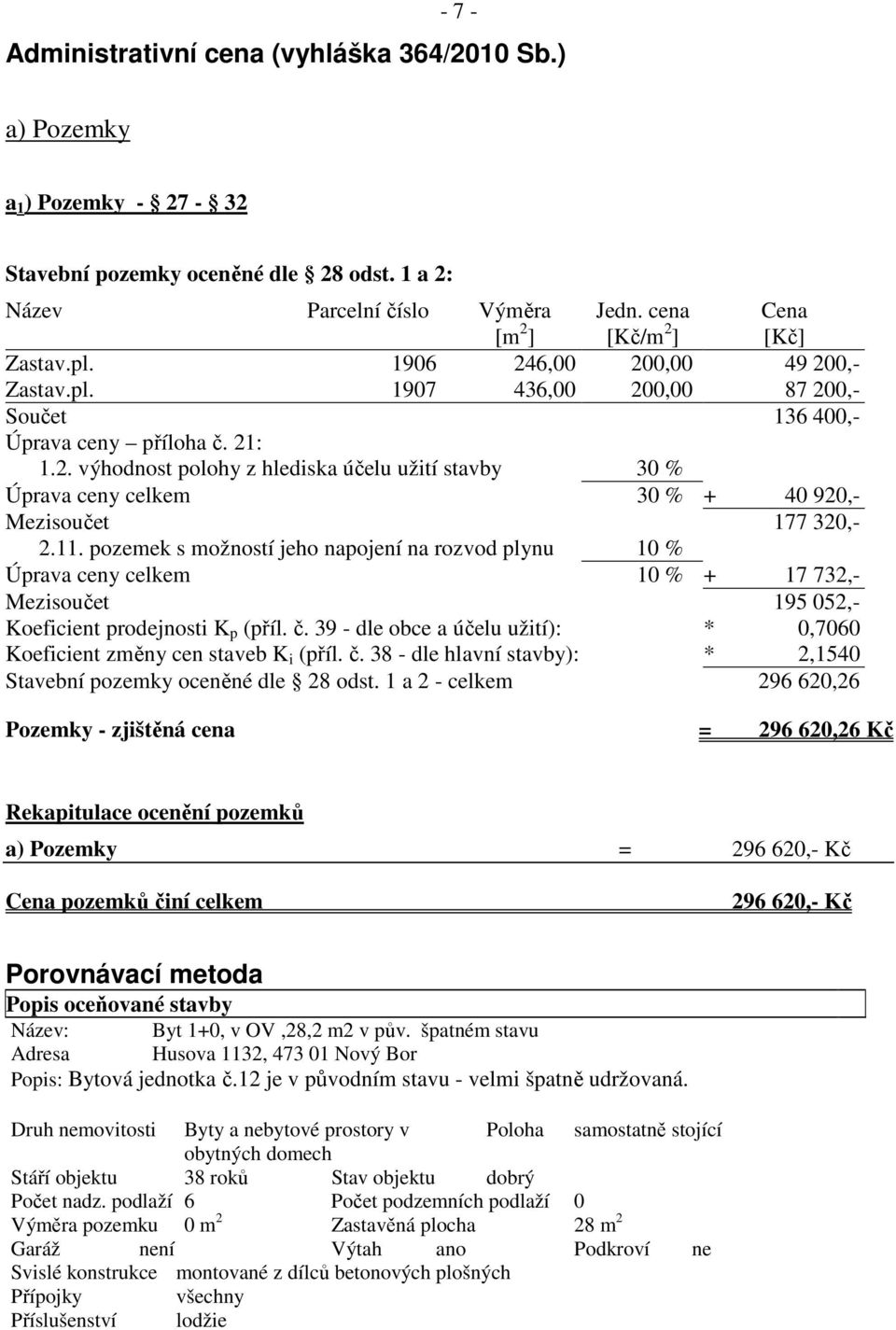 11. pozemek s možností jeho napojení na rozvod plynu 10 % Úprava ceny celkem 10 % + 17 732,- Mezisoučet 195 052,- Koeficient prodejnosti K p (příl. č.