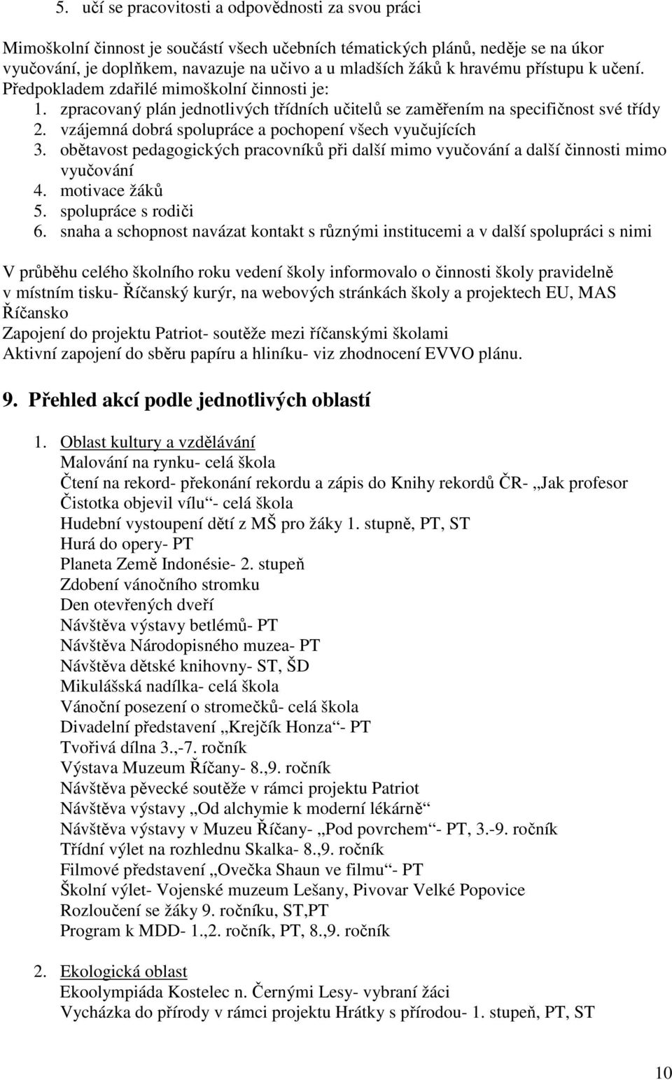 vzájemná dobrá spolupráce a pochopení všech vyučujících 3. obětavost pedagogických pracovníků při další mimo vyučování a další činnosti mimo vyučování 4. motivace žáků 5. spolupráce s rodiči 6.