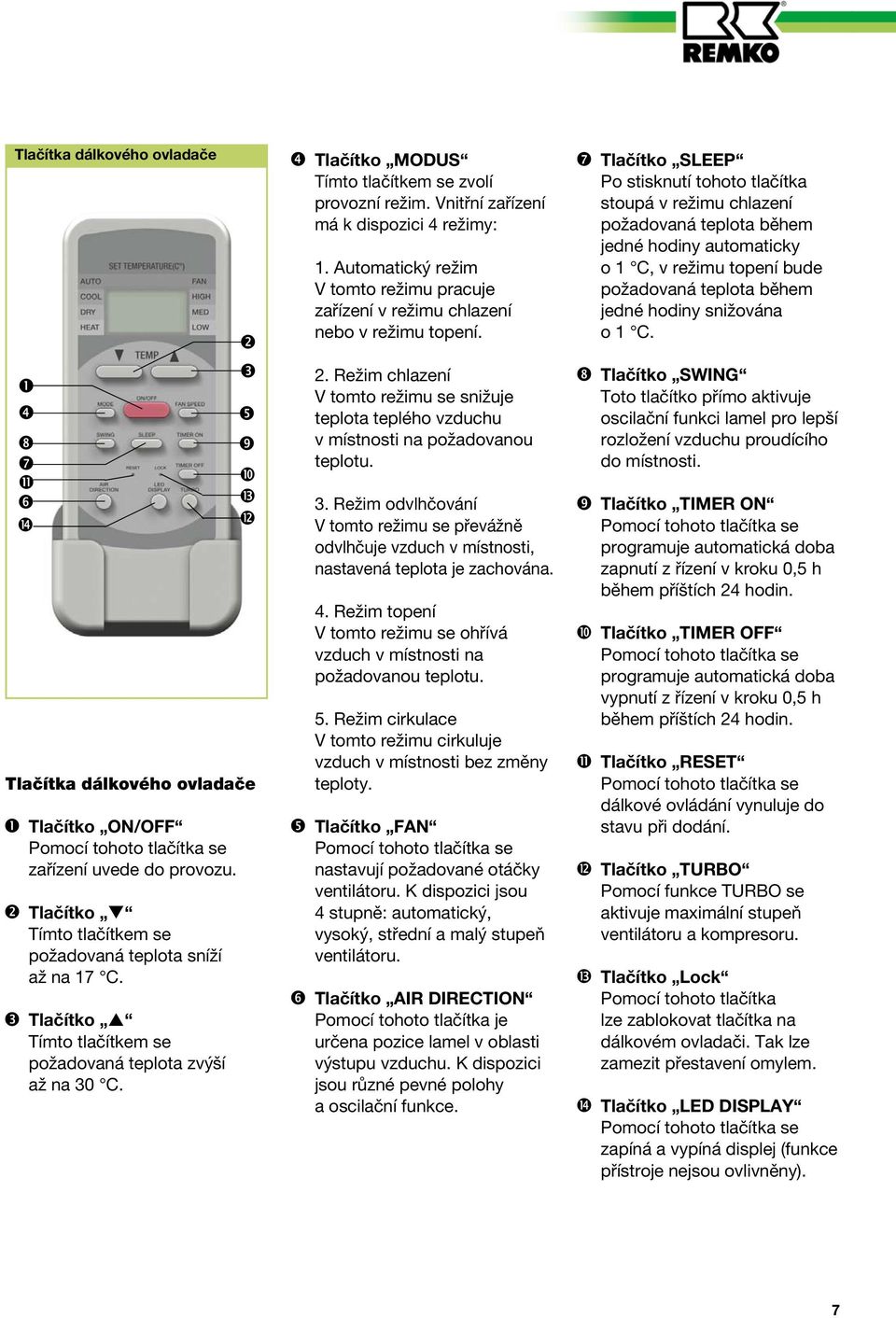 Tlačítko SLEEP Po stisknutí tohoto tlačítka stoupá v režimu chlazení požadovaná teplota během jedné hodiny automaticky o 1 C, v režimu topení bude požadovaná teplota během jedné hodiny snižována o 1