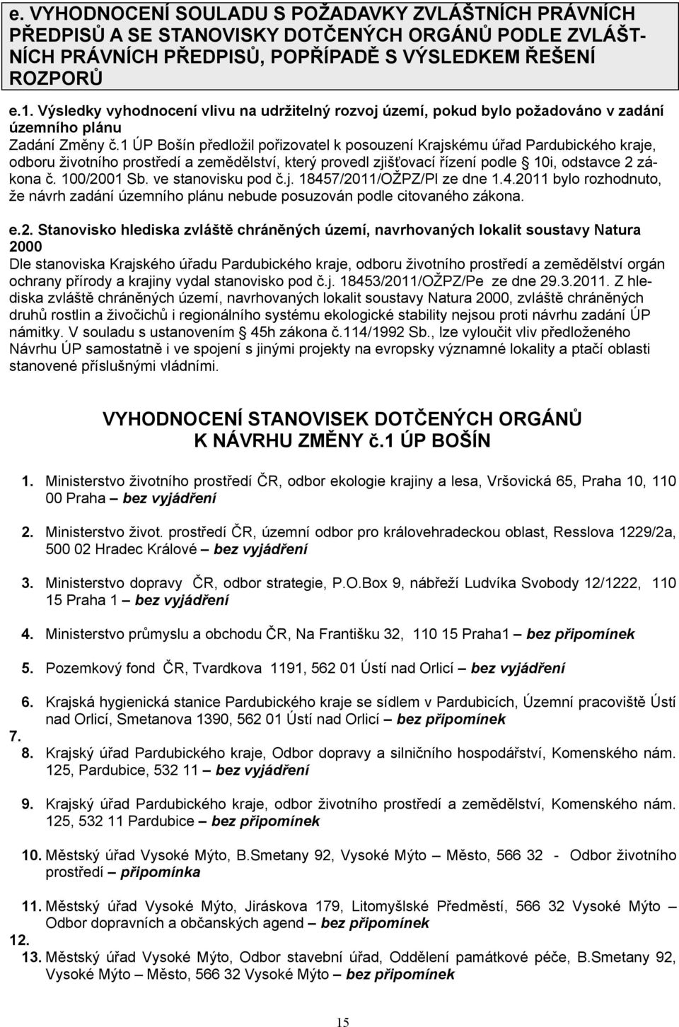 1 ÚP Bošín předložil pořizovatel k posouzení Krajskému úřad Pardubického kraje, odboru životního prostředí a zemědělství, který provedl zjišťovací řízení podle 10i, odstavce 2 zákona č. 100/2001 Sb.