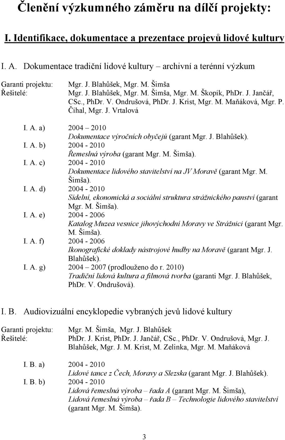 Ondrušová, PhDr. J. Krist, Mgr. M. Maňáková, Mgr. P. Číhal, Mgr. J. Vrtalová I. A. a) 2004 2010 Dokumentace výročních obyčejů (garant Mgr. J. Blahůšek). I. A. b) 2004-2010 Řemeslná výroba (garant Mgr.