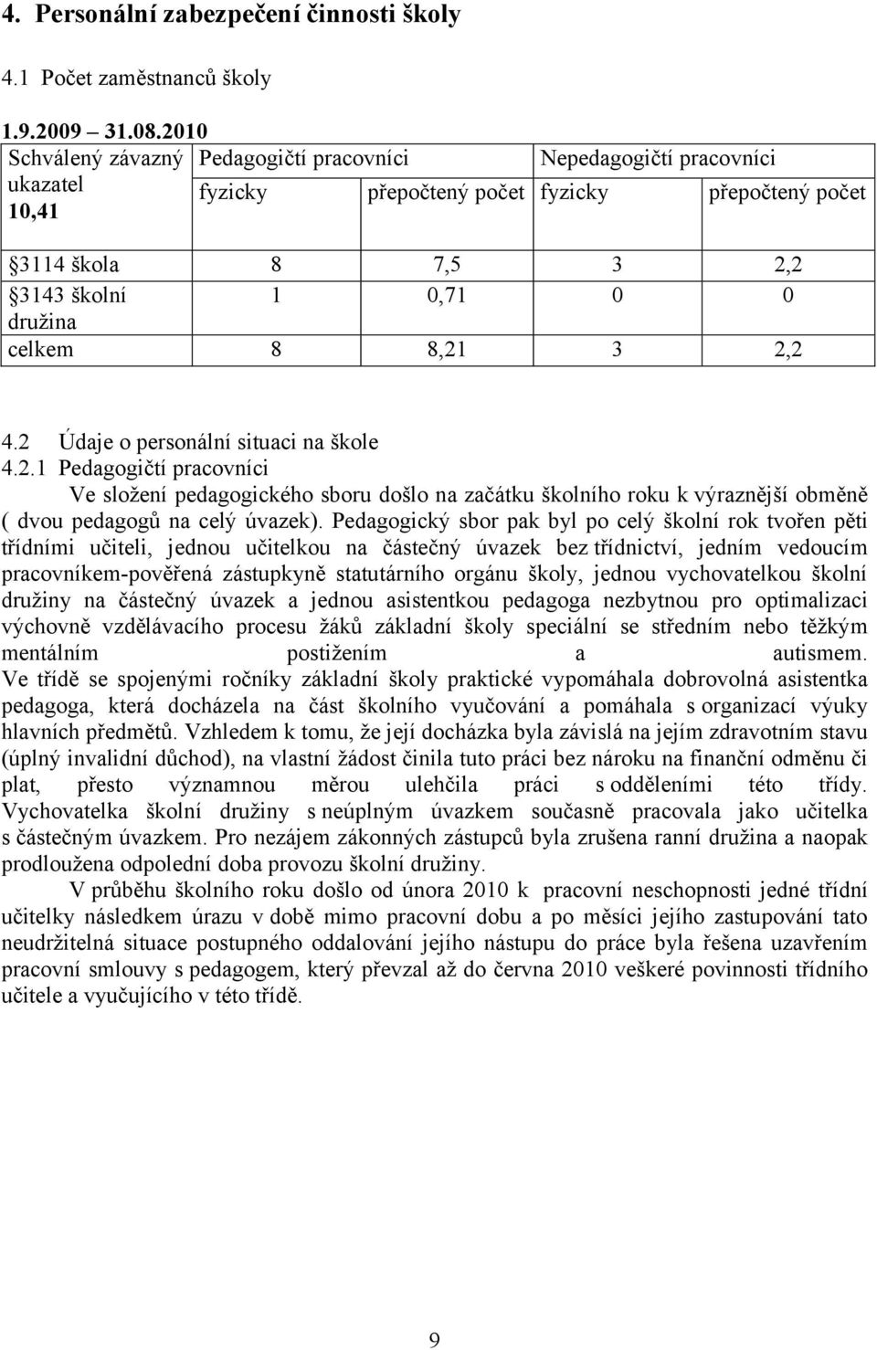 8,21 3 2,2 4.2 Údaje o personální situaci na škole 4.2.1 Pedagogičtí pracovníci Ve sloţení pedagogického sboru došlo na začátku školního roku k výraznější obměně ( dvou pedagogů na celý úvazek).