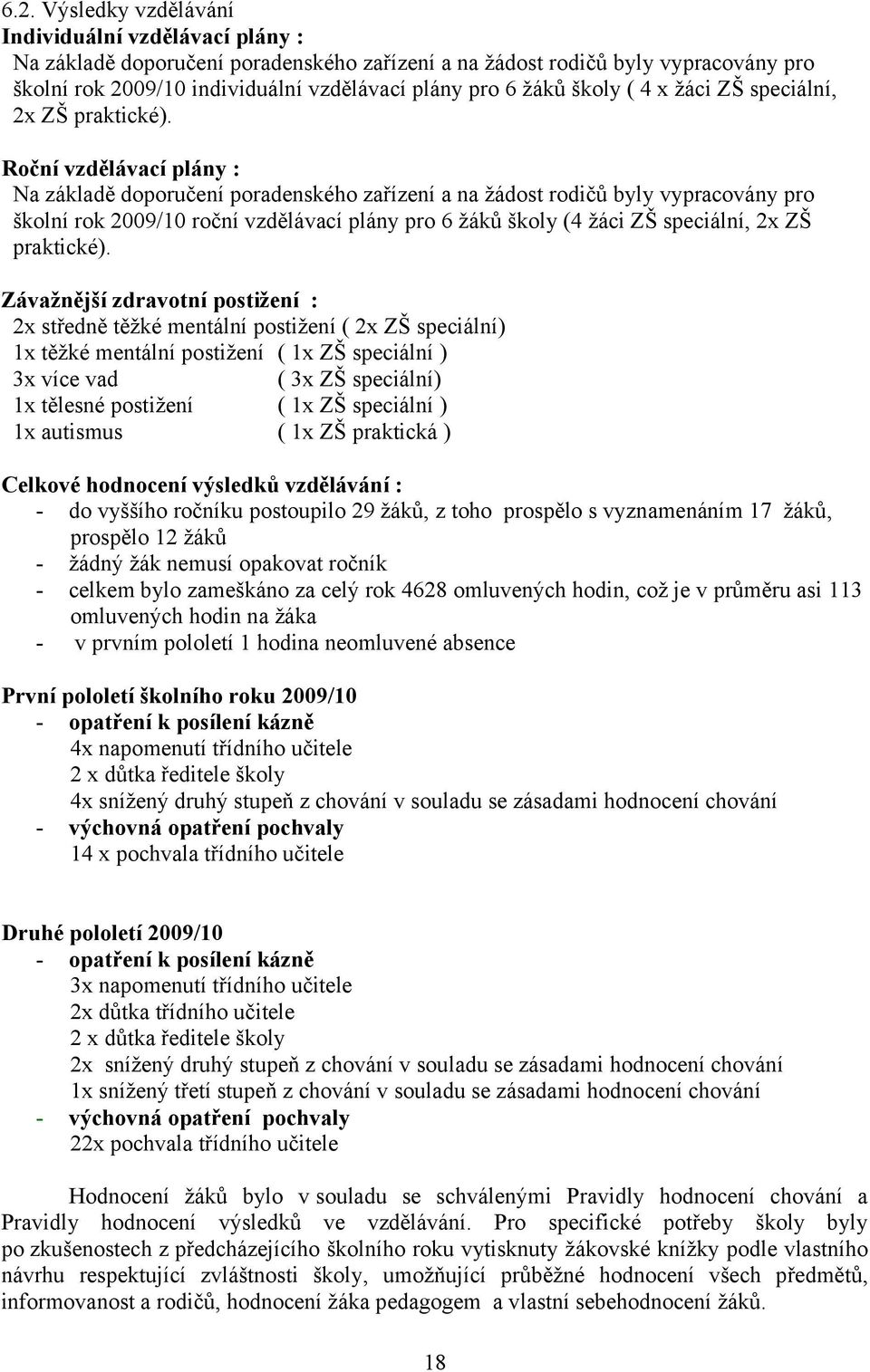 Roční vzdělávací plány : Na základě doporučení poradenského zařízení a na ţádost rodičů byly vypracovány pro školní rok 2009/10 roční vzdělávací plány pro 6 ţáků školy (4 ţáci ZŠ speciální, 2x ZŠ