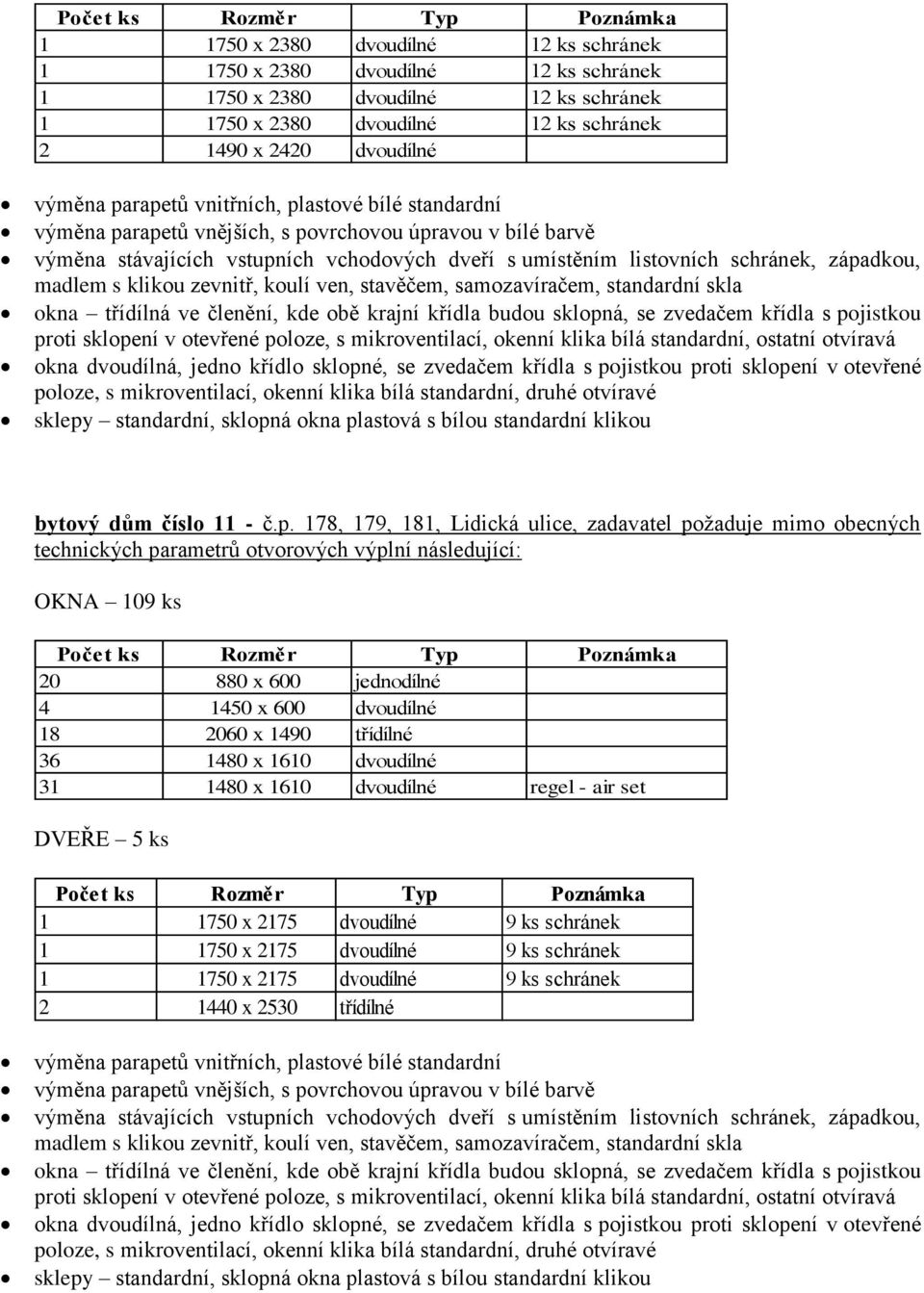 178, 179, 181, Lidická ulice, zadavatel požaduje mimo obecných technických parametrů otvorových výplní následující: OKNA 109 ks 20 880 x 600 jednodílné 4