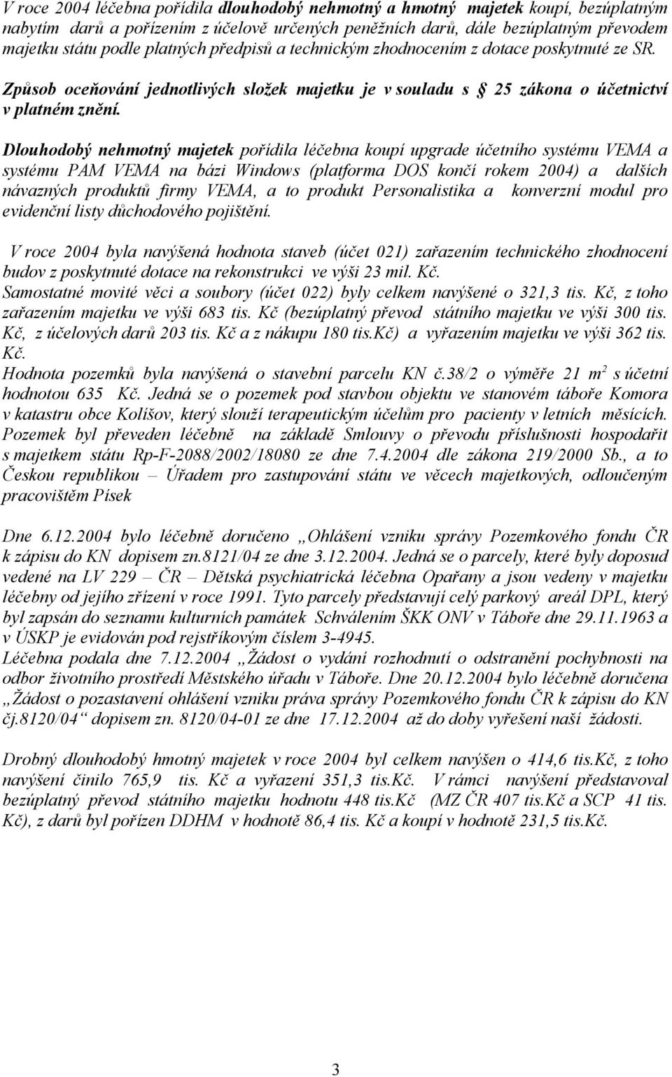 Dlouhodobý nehmotný majetek pořídila léčebna koupí upgrade účetního systému VEMA a systému PAM VEMA na bázi Windows (platforma DOS končí rokem 2004) a dalších návazných produktů firmy VEMA, a to