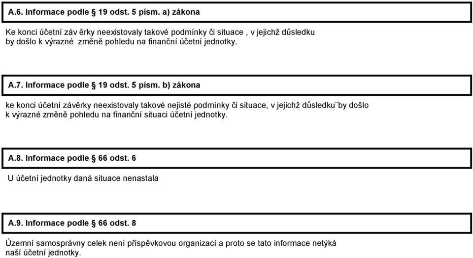 jednotky. A.7. Informace podle 19 odst. 5 písm.