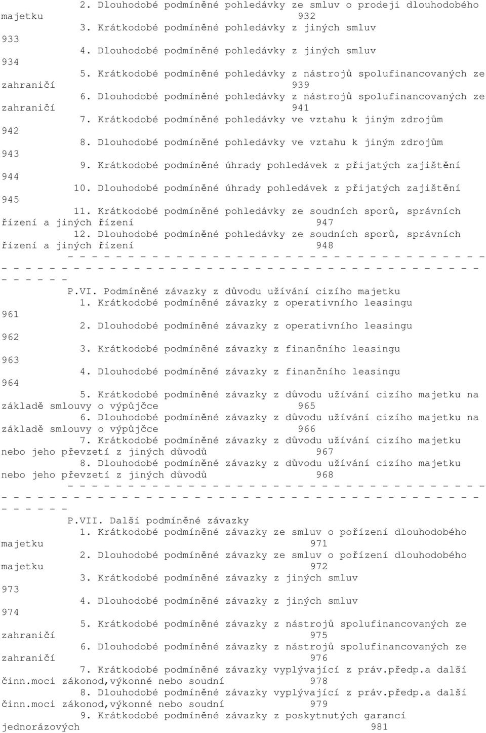 Krátkodobé podmíněné pohledávky ve vztahu k jiným zdrojům 942 8. Dlouhodobé podmíněné pohledávky ve vztahu k jiným zdrojům 943 9. Krátkodobé podmíněné úhrady pohledávek z přijatých zajištění 944 10.