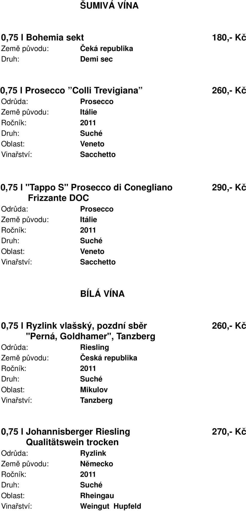 DOC Prosecco Veneto Sacchetto BÍLÁ VÍNA 0,75 l Ryzlink vlašský, pozdní sběr 260,- Kč "Perná, Goldhamer",