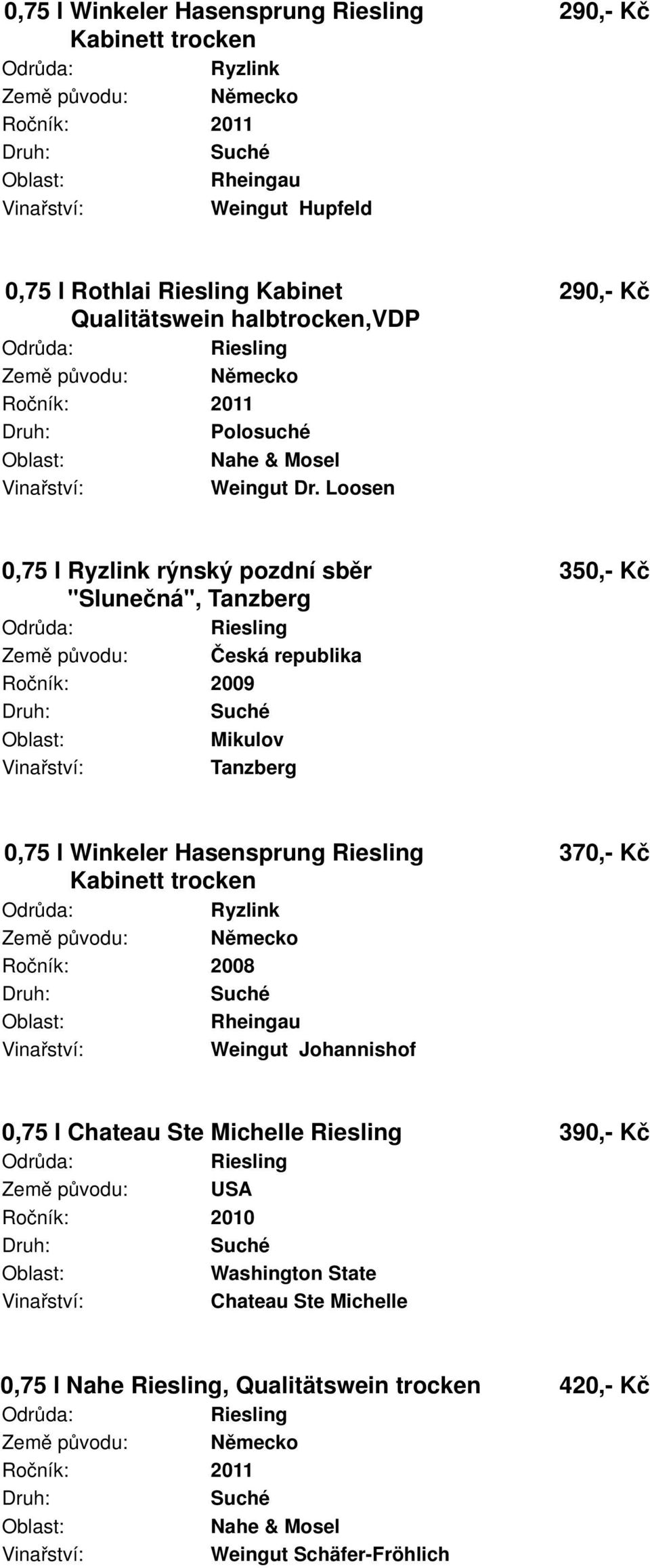 Loosen 0,75 l Ryzlink rýnský pozdní sběr 350,- Kč "Slunečná", Tanzberg 2009 Mikulov Tanzberg 0,75 l Winkeler Hasensprung 370,- Kč