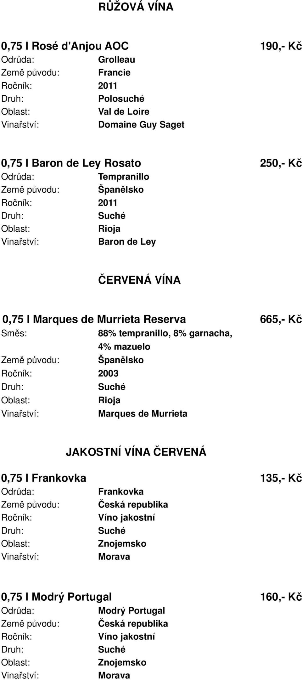 Murrieta Reserva 665,- Kč Směs: 88% tempranillo, 8% garnacha, Země původu: 2003 4% mazuelo Španělsko Rioja