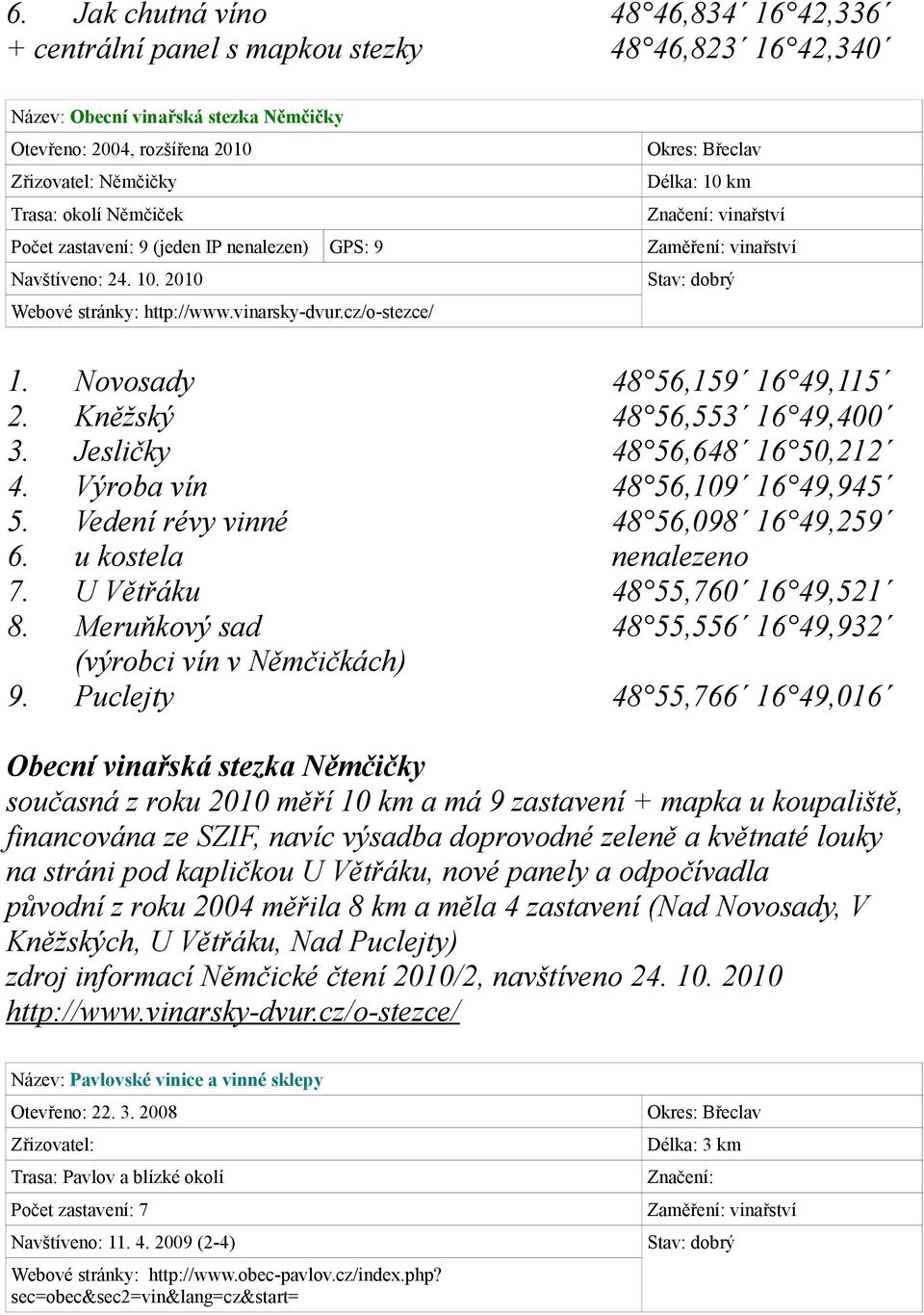 Novosady 48 56,159 16 49,115 2. Kněžský 48 56,553 16 49,400 3. Jesličky 48 56,648 16 50,212 4. Výroba vín 48 56,109 16 49,945 5. Vedení révy vinné 48 56,098 16 49,259 6. u kostela nenalezeno 7.