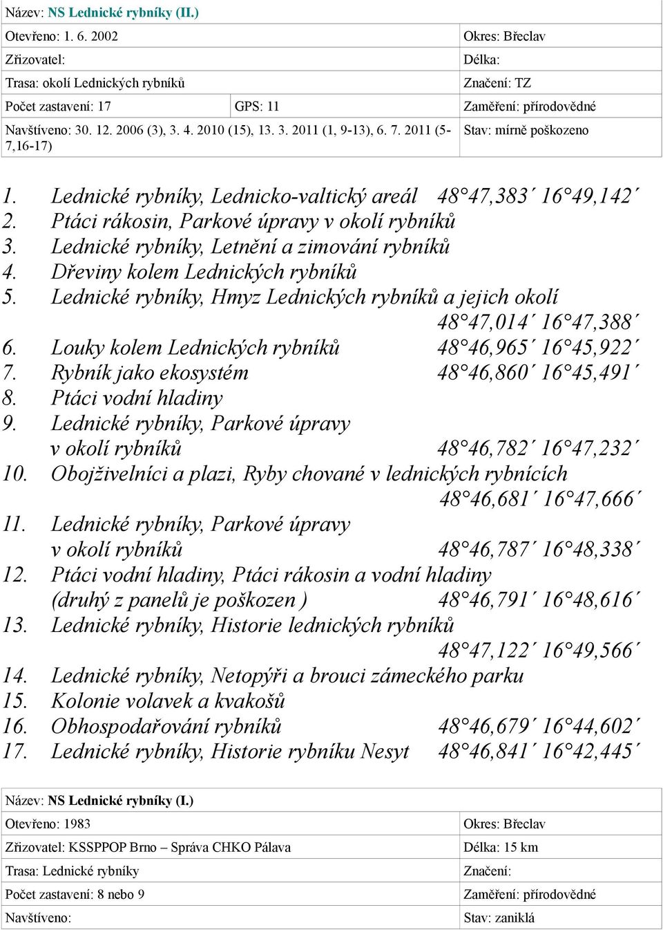 Lednické rybníky, Letnění a zimování rybníků 4. Dřeviny kolem Lednických rybníků 5. Lednické rybníky, Hmyz Lednických rybníků a jejich okolí 48 47,014 16 47,388 6.