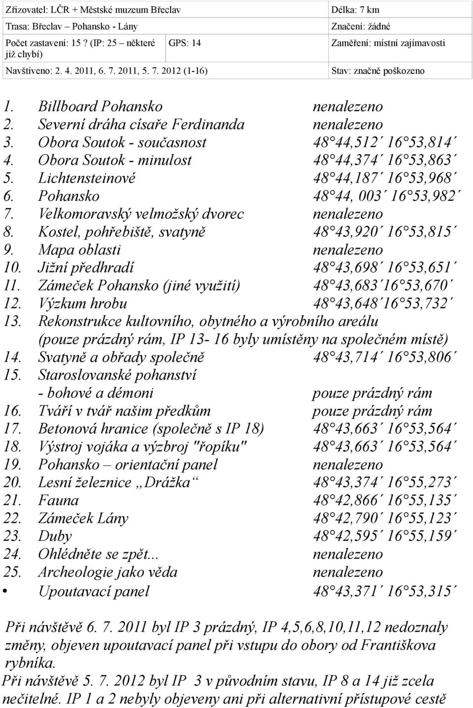 Obora Soutok - současnost 48 44,512 16 53,814 4. Obora Soutok - minulost 48 44,374 16 53,863 5. Lichtensteinové 48 44,187 16 53,968 6. Pohansko 48 44, 003 16 53,982 7.