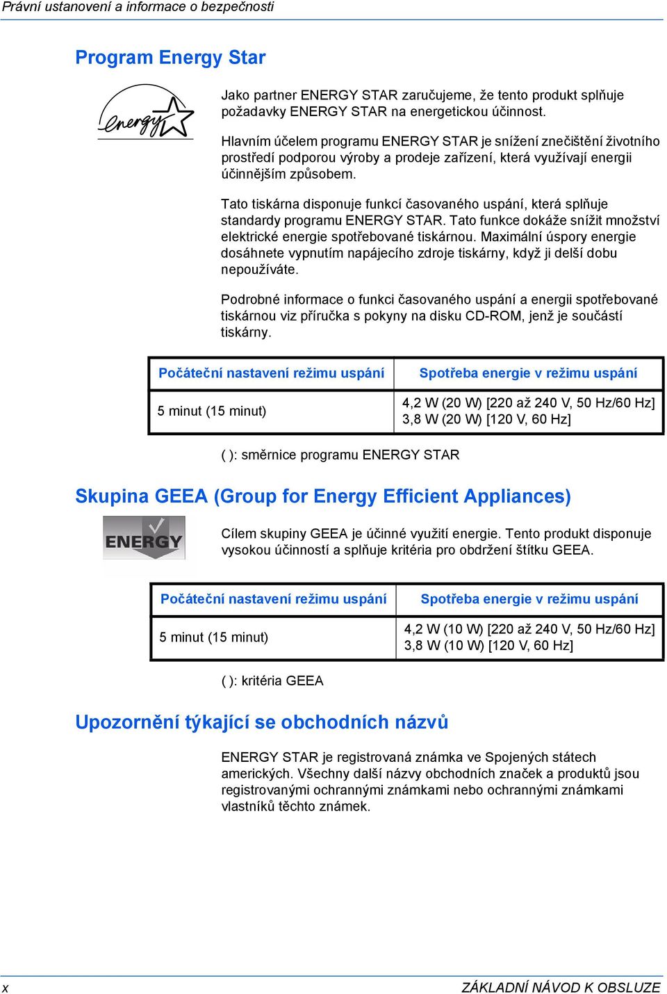 Tato tiskárna disponuje funkcí časovaného uspání, která splňuje standardy programu ENERGY STAR. Tato funkce dokáže snížit množství elektrické energie spotřebované tiskárnou.