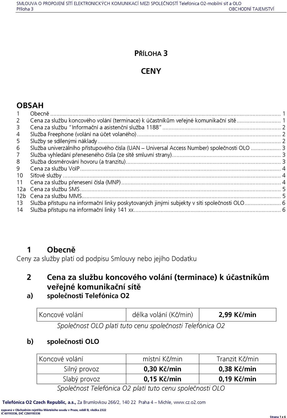 .. 3 7 Služba vyhledání přeneseného čísla (ze sítě smluvní strany)... 3 8 Služba dosměrování hovoru (a tranzitu)... 3 9 Cena za službu VoIP... 4 10 Síťové služby.