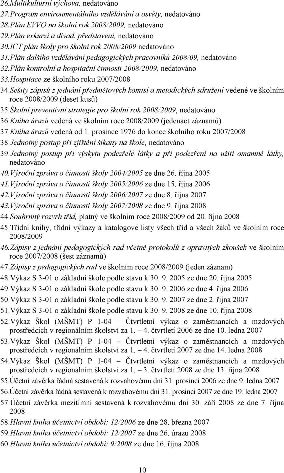 Hospitace ze školního roku 2007/2008 34.Sešity zápisů z jednání předmětových komisí a metodických sdružení vedené ve školním roce 2008/2009 (deset kusů) 35.