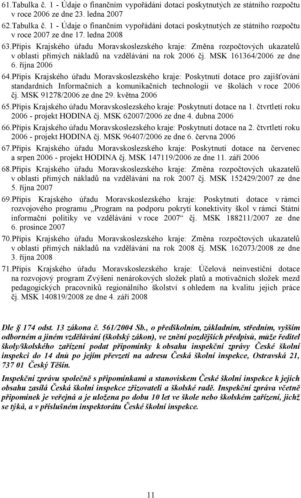 Přípis Krajského úřadu Moravskoslezského kraje: Poskytnutí dotace pro zajišťování standardních Informačních a komunikačních technologií ve školách v roce 2006 čj. MSK 91278/2006 ze dne 29.