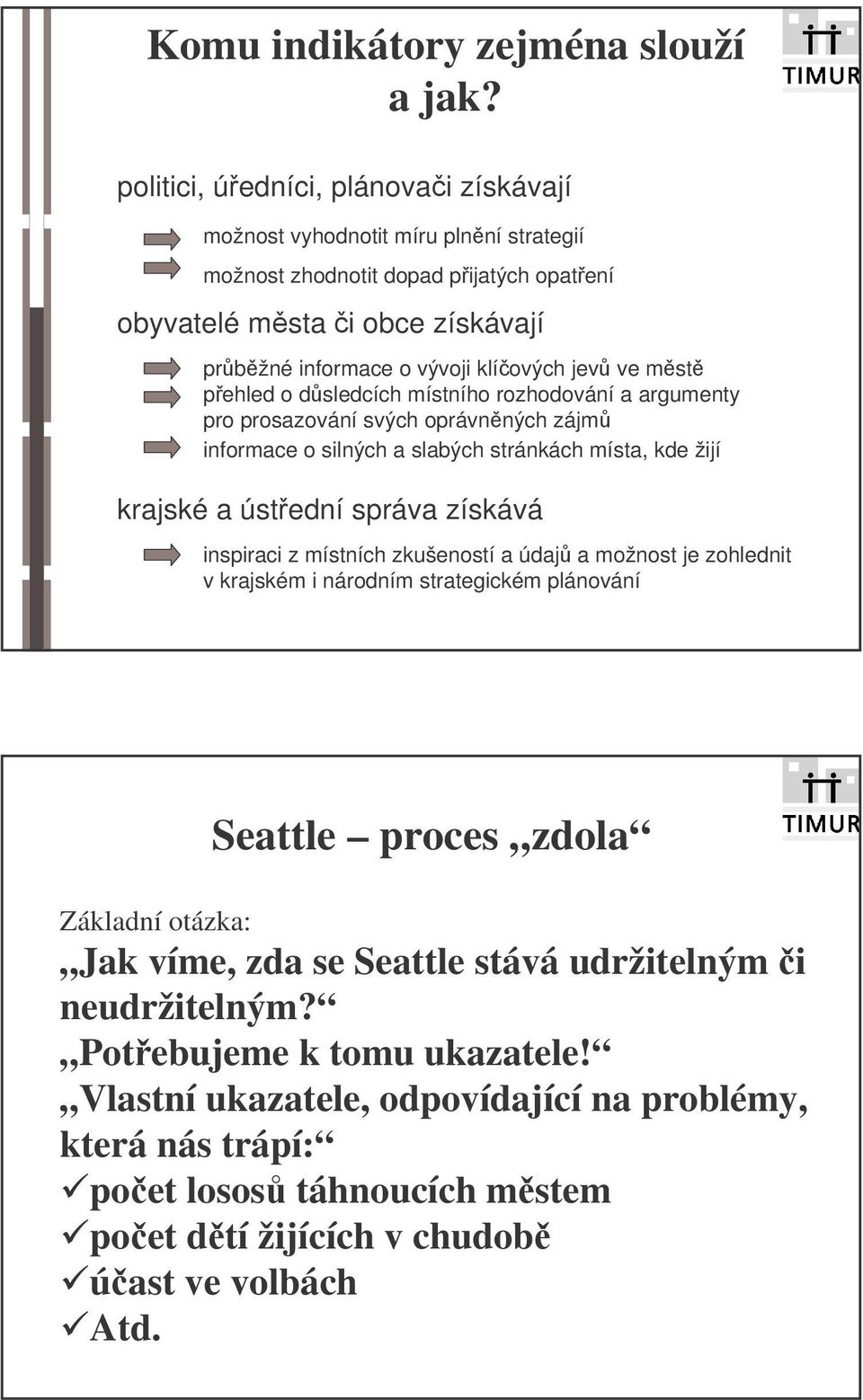 pehled o dsledcích místního rozhodování a argumenty pro prosazování svých oprávnných zájm informace o silných a slabých stránkách místa, kde žijí krajské a ústední správa získává inspiraci z