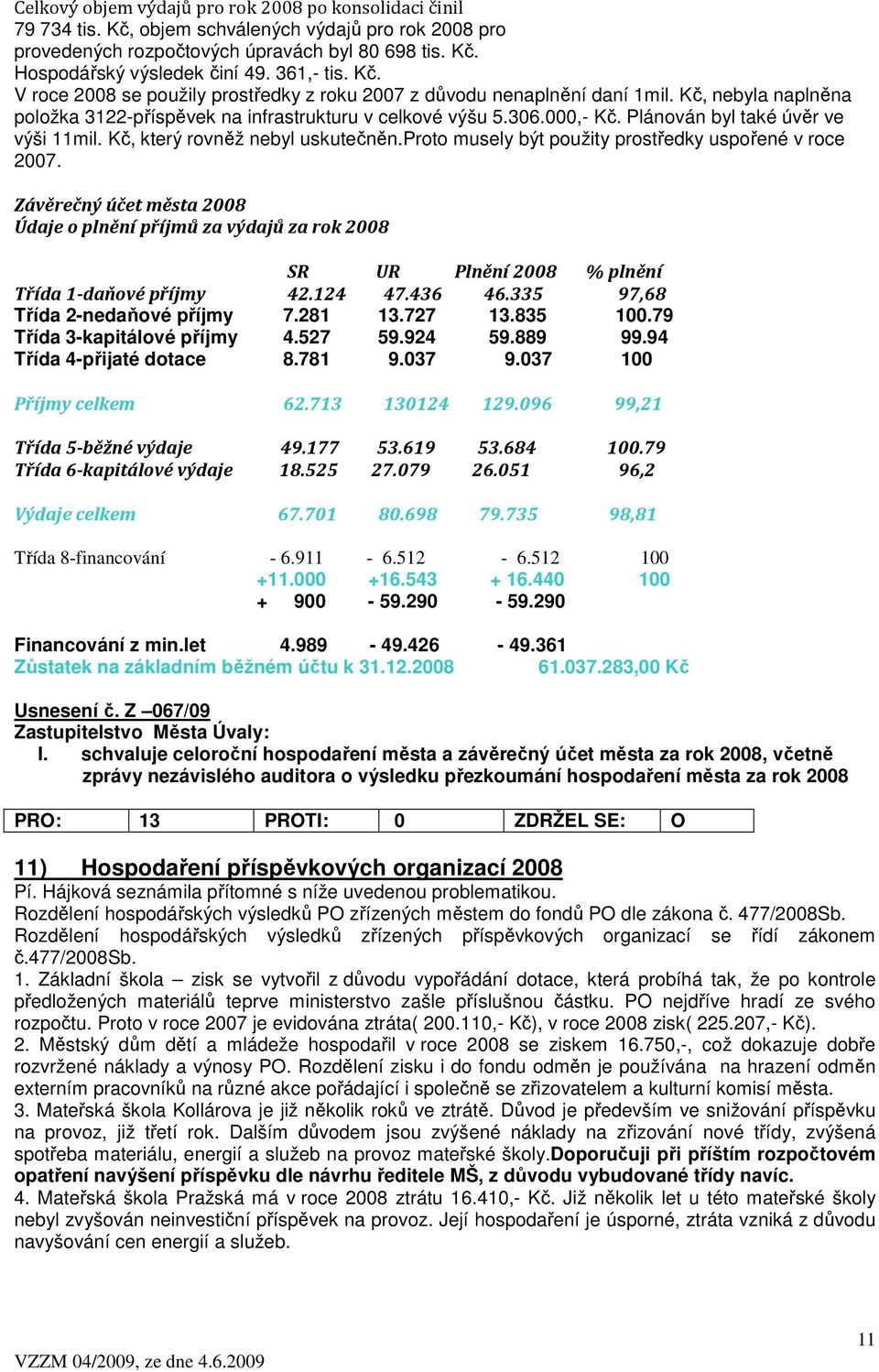 Plánován byl také úvěr ve výši 11mil. Kč, který rovněž nebyl uskutečněn.proto musely být použity prostředky uspořené v roce 2007.