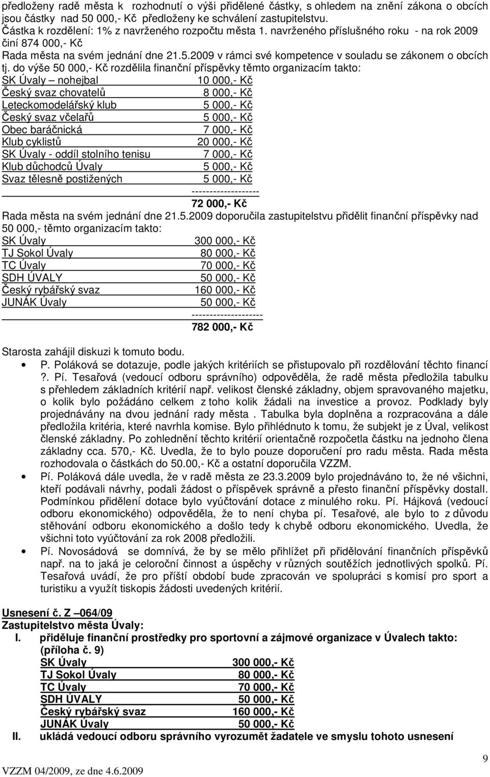 2009 v rámci své kompetence v souladu se zákonem o obcích tj.