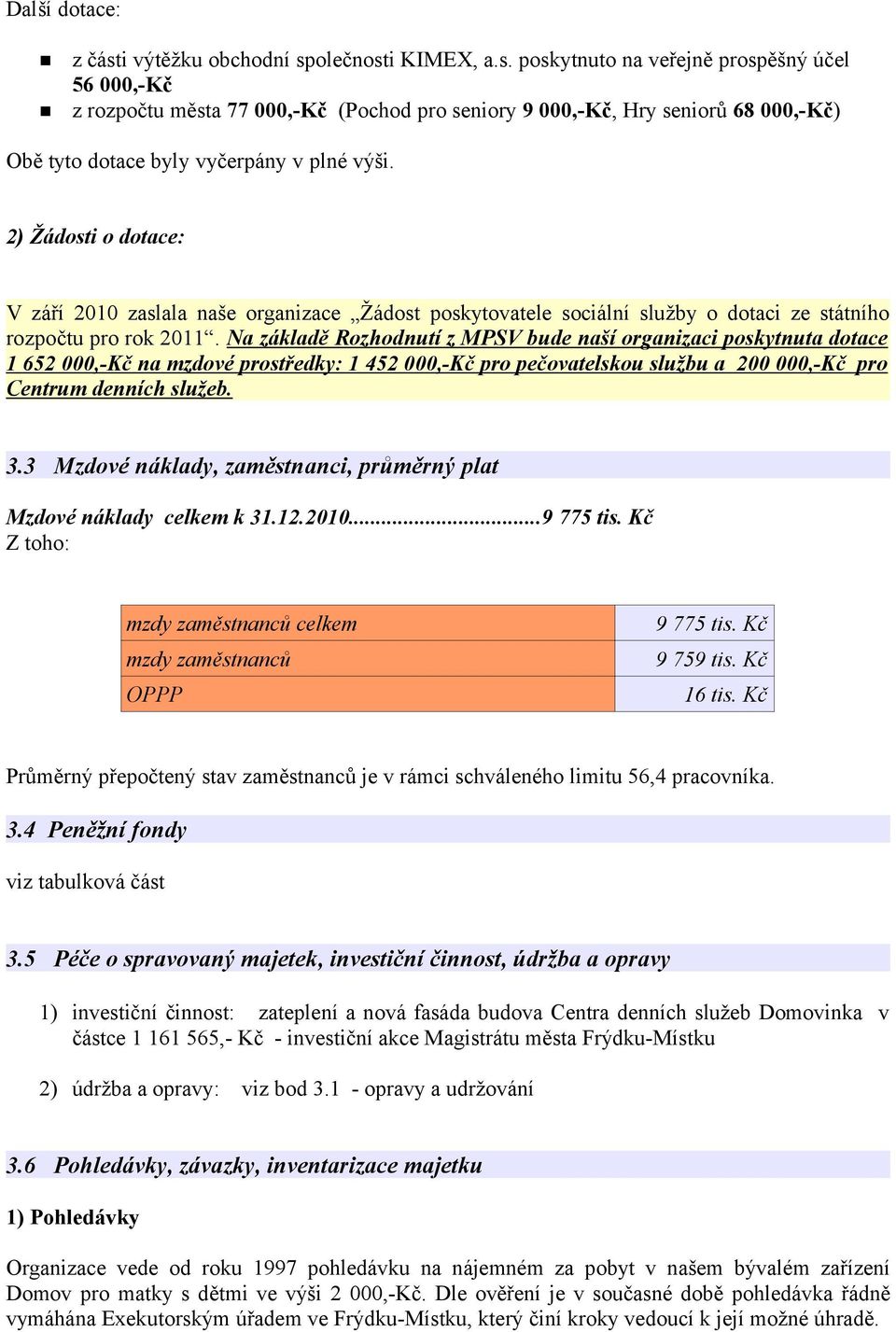 Na základě Rozhodnutí z MPSV bude naší organizaci poskytnuta dotace 1 652 000,-Kč na mzdové prostředky: 1 452 000,-Kč pro pečovatelskou službu a 200 000,-Kč pro Centrum denních služeb. 3.