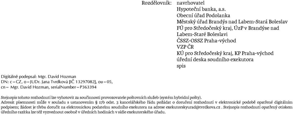 Praha-východ úřední deska soudního exekutora spis Digitálně podepsal: Mgr. David Hozman DN: c=cz, o=judr. Jana Tvrdková [IČ 13297082], ou=05, cn= Mgr.