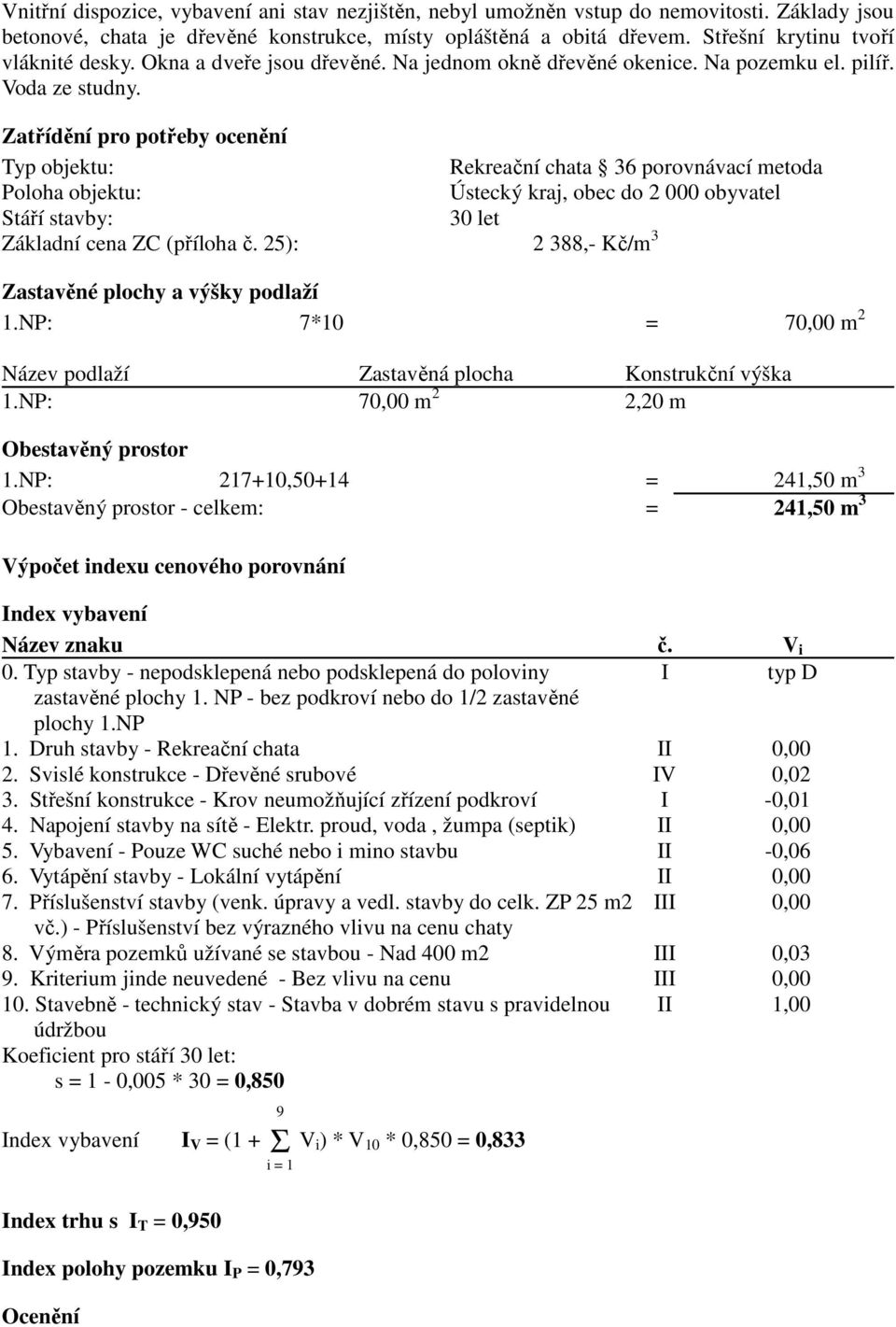 Zatřídění pro potřeby ocenění Typ objektu: Rekreační chata 36 porovnávací metoda Poloha objektu: Ústecký kraj, obec do 2 000 obyvatel Stáří stavby: 30 let Základní cena ZC (příloha č.