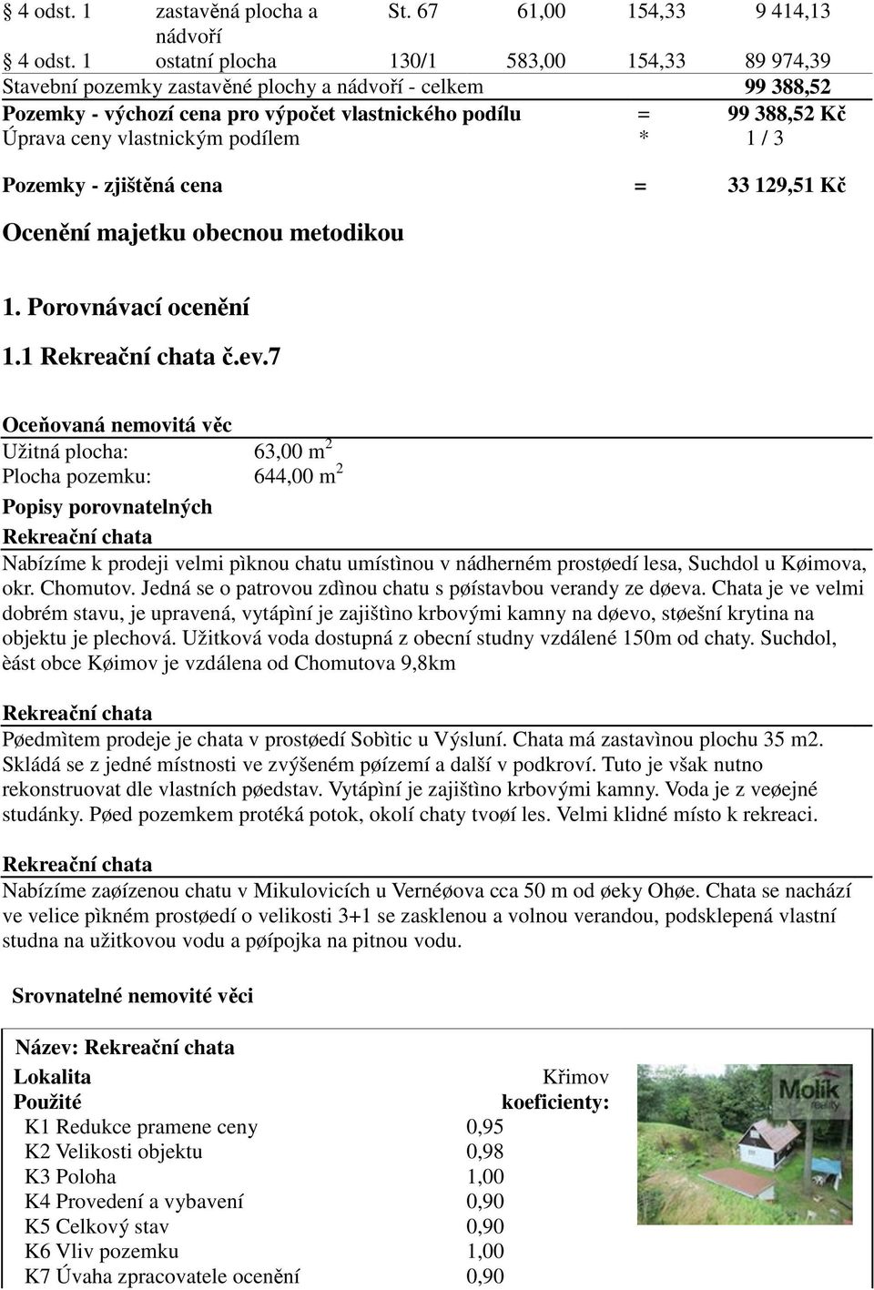 vlastnickým podílem * 1 / 3 Pozemky - zjištěná cena = 33 129,51 Kč Ocenění majetku obecnou metodikou 1. Porovnávací ocenění 1.1 Rekreační chata č.ev.