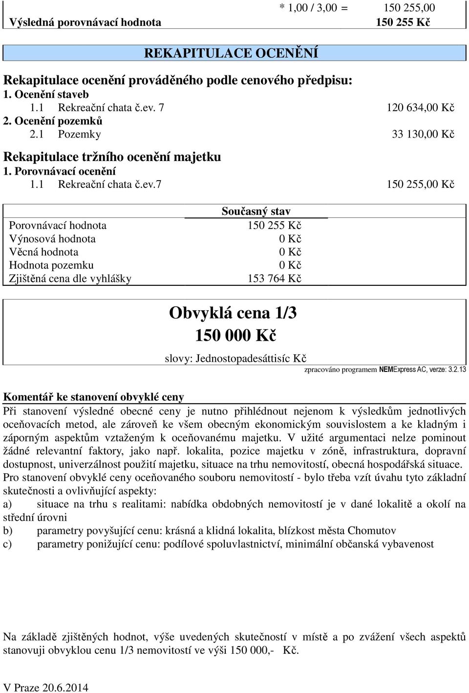 7 150 255,00 Kč Porovnávací hodnota Výnosová hodnota Věcná hodnota Hodnota pozemku Zjištěná cena dle vyhlášky Současný stav 150 255 Kč 0 Kč 0 Kč 0 Kč 153 764 Kč Obvyklá cena 1/3 150 000 Kč slovy: