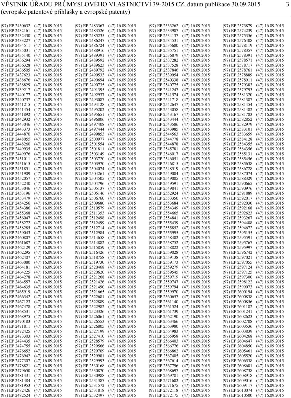 09.2015 (97) EP 2437623 (47) 16.09.2015 (97) EP 2438676 (47) 16.09.2015 (97) EP 2438829 (47) 16.09.2015 (97) EP 2439217 (47) 16.09.2015 (97) EP 2440177 (47) 16.09.2015 (97) EP 2440737 (47) 16.09.2015 (97) EP 2441215 (47) 16.
