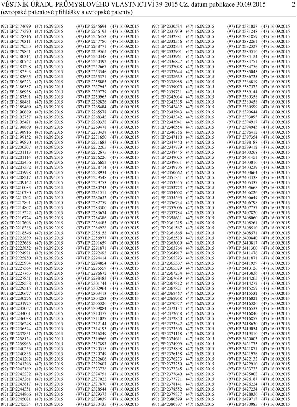 09.2015 (97) EP 2183635 (47) 16.09.2015 (97) EP 2186223 (47) 16.09.2015 (97) EP 2186387 (47) 16.09.2015 (97) EP 2186958 (47) 16.09.2015 (97) EP 2187591 (47) 16.09.2015 (97) EP 2188481 (47) 16.09.2015 (97) EP 2189469 (47) 16.