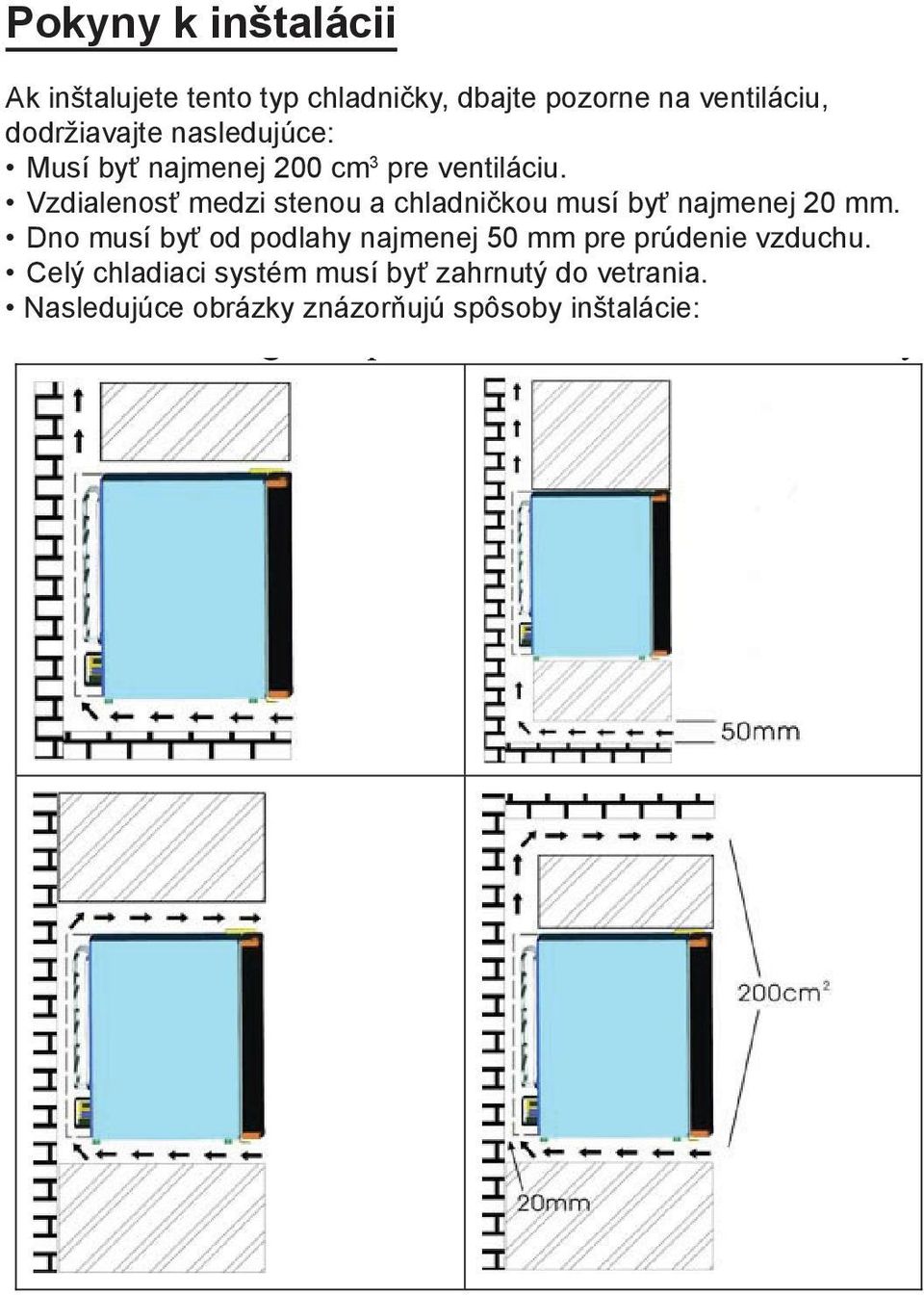 Vzdialenosť medzi stenou a chladničkou musí byť najmenej 20 mm.