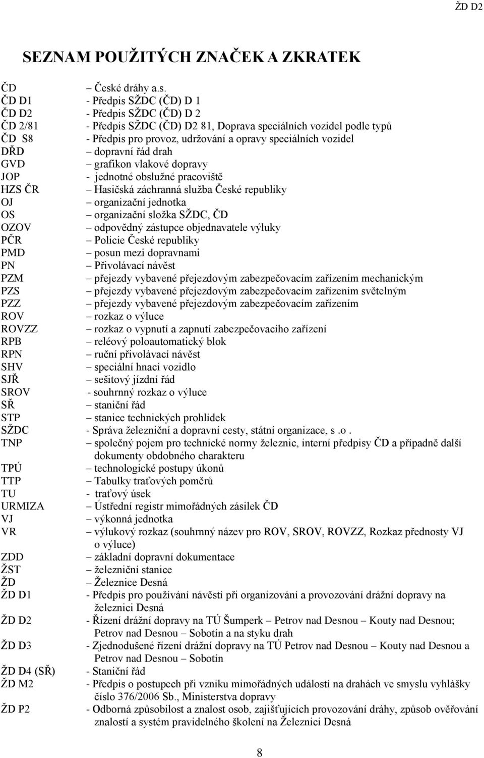 ČD D1 - Předpis SŽDC (ČD) D 1 ČD D2 - Předpis SŽDC (ČD) D 2 ČD 2/81 - Předpis SŽDC (ČD) D2 81, Doprava speciálních vozidel podle typů ČD S8 - Předpis pro provoz, udržování a opravy speciálních