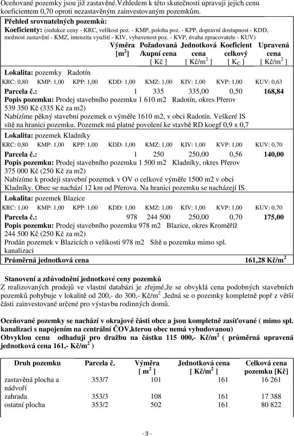 - KVP, úvaha zpracovatele - KUV) Požadovaná Jednotková Koeficient Lokalita: pozemky Radotín Výměra [m 2 ] Upravená /kupní cena cena celkový cena [ Kč ] [ Kč/m 2 ] [ K C ] [ Kč/m 2 ] KRC: 0,80 KMP: