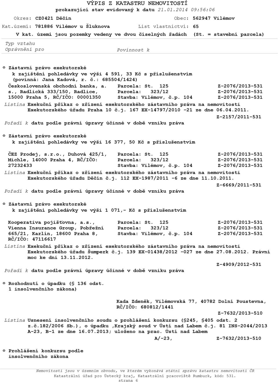 = stavební parcela) Zástavní práv exekutrské k zajištění phledávky ve výši 4 591, 33 Kč s příslušenstvím (pvinná: Jana Kadvá, r. č.: 685504/1424) Českslvenská bchdní banka, a. Parcela: St.