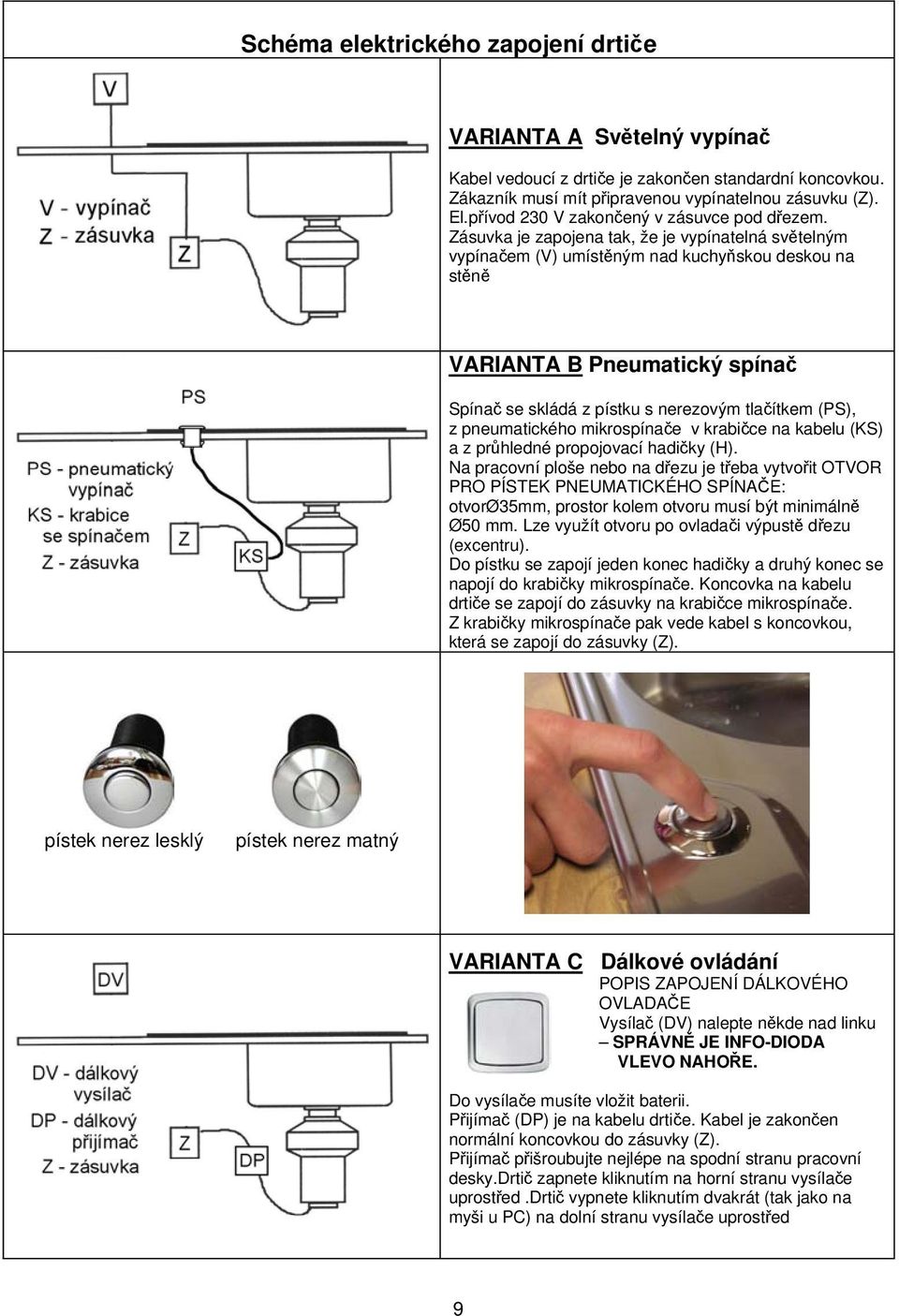 Zásuvka je zapojena tak, že je vypínatelná světelným vypínačem (V) umístěným nad kuchyňskou deskou na stěně VARIANTA B Pneumatický spínač Spínač se skládá z pístku s nerezovým tlačítkem (PS), z