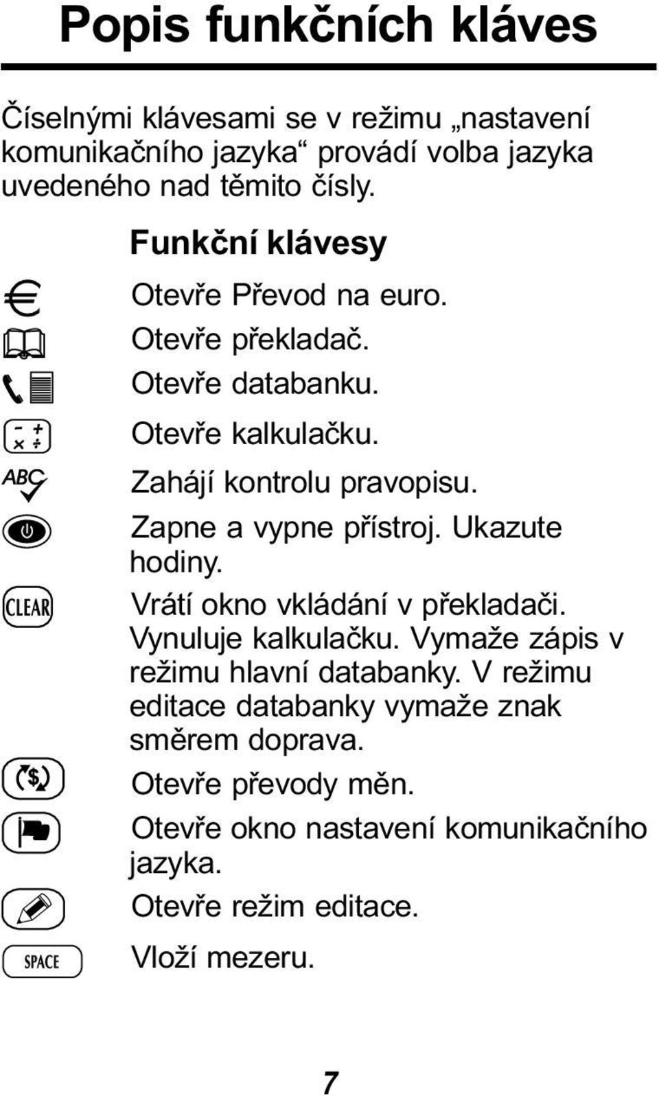 Zapne a vypne přístroj. Ukazute hodiny. Vrátí okno vkládání v překladači. Vynuluje kalkulačku. Vymaže zápis v režimu hlavní databanky.