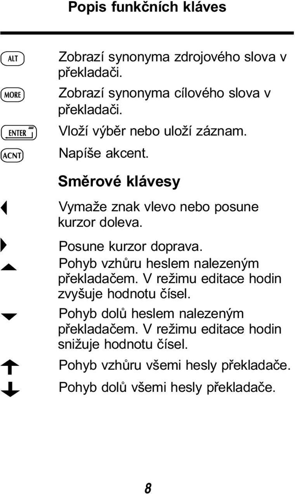 Posune kurzor doprava. Pohyb vzhůru heslem nalezeným překladačem. V režimu editace hodin zvyšuje hodnotu čísel.