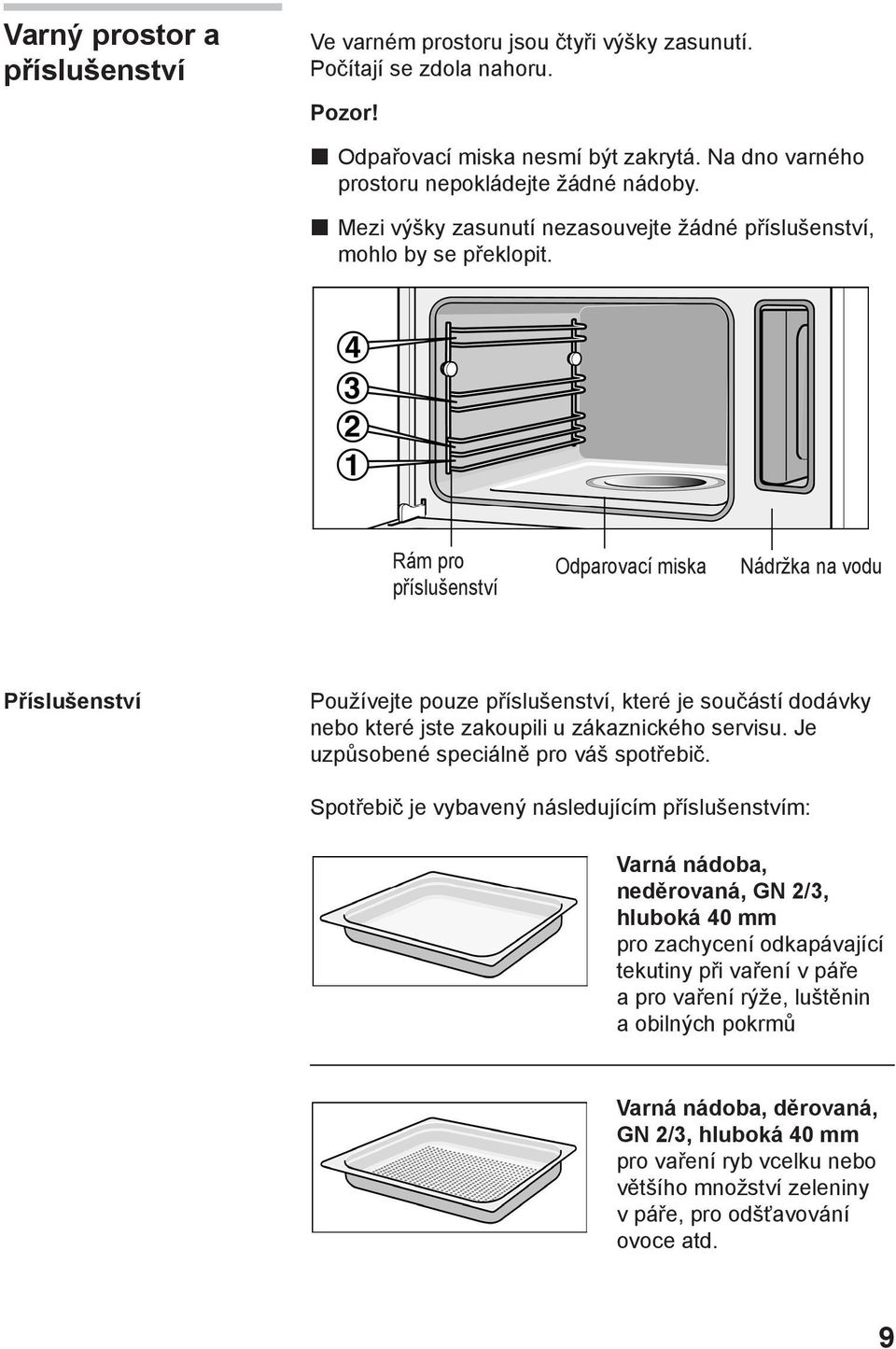 Rám pro příslušenství Odparovací miska Nádržka na vodu Příslušenství Používejte pouze příslušenství, které je součástí dodávky nebo které jste zakoupili u zákaznického servisu.