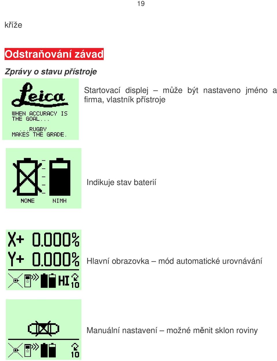 vlastník přístroje Indikuje stav baterií Hlavní obrazovka