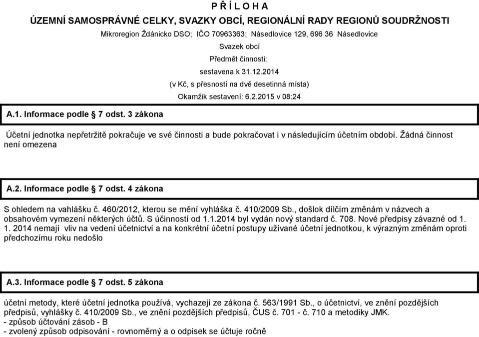 2.2015 v 08:24 Účetní jednotka nepřetržitě pokračuje ve své činnosti a bude pokračovat i v následujícím účetním období. Žádná činnost není omezena A.2. Informace podle 7 odst.