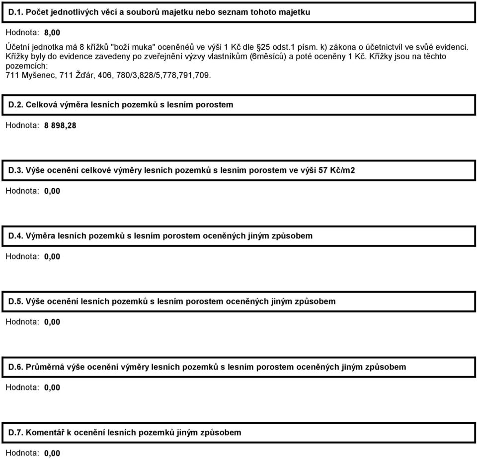 Křížky jsou na těchto pozemcích: 711 Myšenec, 711 Žďár, 406, 780/3,828/5,778,791,709. D.2. Celková výměra lesních pozemků s lesním porostem Hodnota: 8 898,28 D.3. Výše ocenění celkové výměry lesních pozemků s lesním porostem ve výši 57 Kč/m2 Hodnota: 0,00 D.