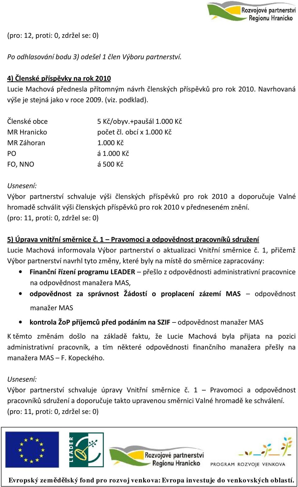 000 Kč á 500 Kč Výbor partnerství schvaluje výši členských příspěvků pro rok 2010 a doporučuje Valné hromadě schválit výši členských příspěvků pro rok 2010 v předneseném znění.