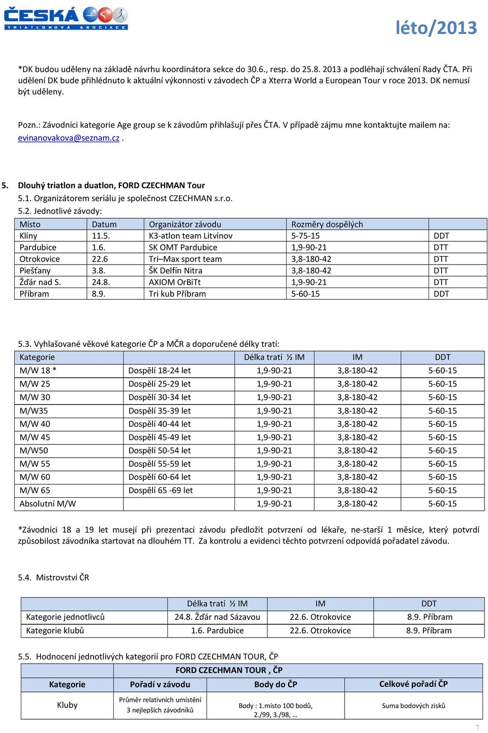 : Závodníci kategorie Age group se k závodům přihlašují přes ČTA. V případě zájmu mne kontaktujte mailem na: evinanovakova@seznam.cz. 5. Dlouhý triatlon a duatlon, FORD CZECHMAN Tour 5.1.