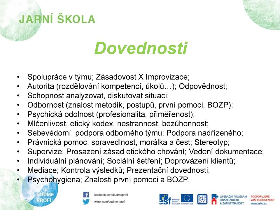 podpora odborného týmu; Podpora nadřízeného; Právnická pomoc, spravedlnost, morálka a čest; Stereotyp; Supervize; Prosazení zásad etického chování; Vedení