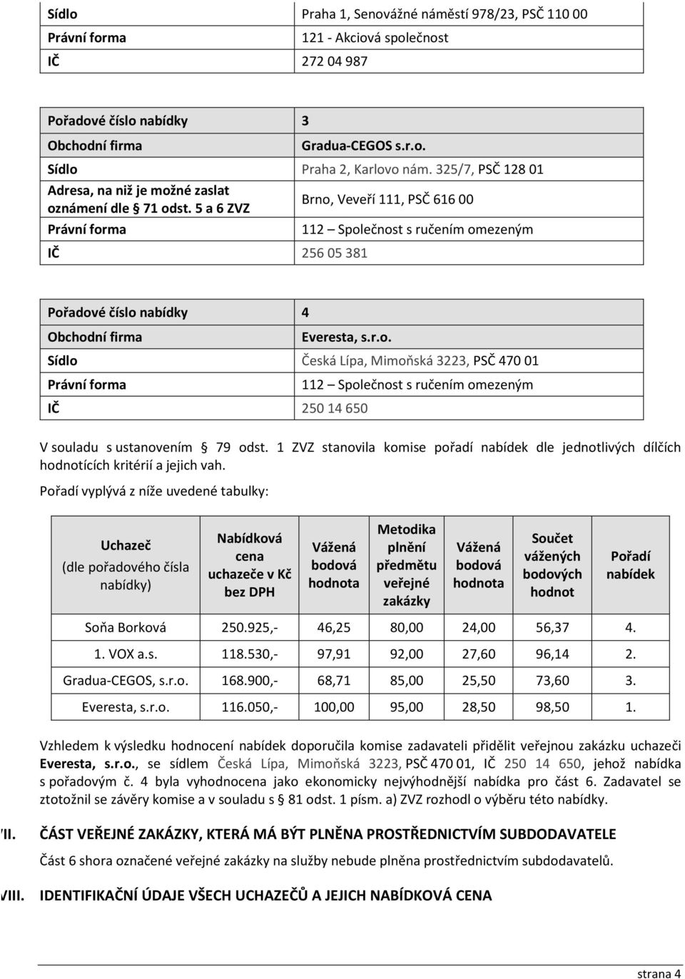 1 ZVZ stanovila komise pořadí nabídek dle jednotlivých dílčích hodnotících kritérií a jejich vah.