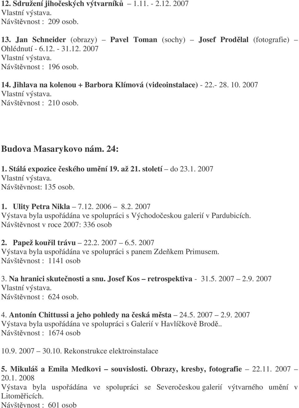 1. Ulity Petra Nikla 7.12. 2006 8.2. 2007 Výstava byla uspoádána ve spolupráci s Východoeskou galerií v Pardubicích. Návštvnost v roce 2007: 336 osob 2. Papež kouil trávu 22.2. 2007 6.5.