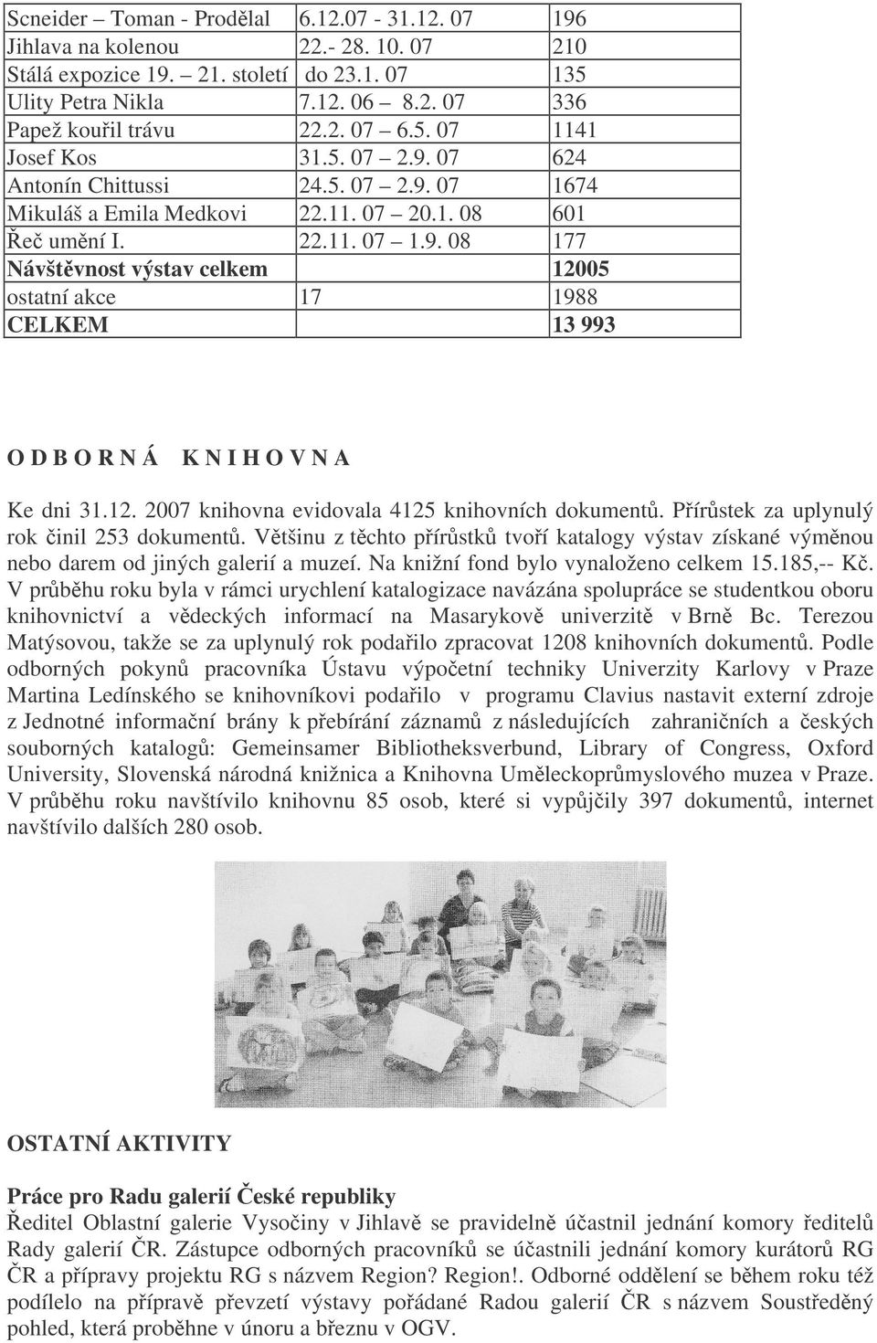 07 24.5. 07 2.9. 07 22.11. 07 20.1. 08 22.11. 07 1.9. 08 17 196 210 135 336 1141 624 1674 601 177 12005 1988 13 993 ODBORNÁ KNIHOVNA Ke dni 31.12. 2007 knihovna evidovala 4125 knihovních dokument.