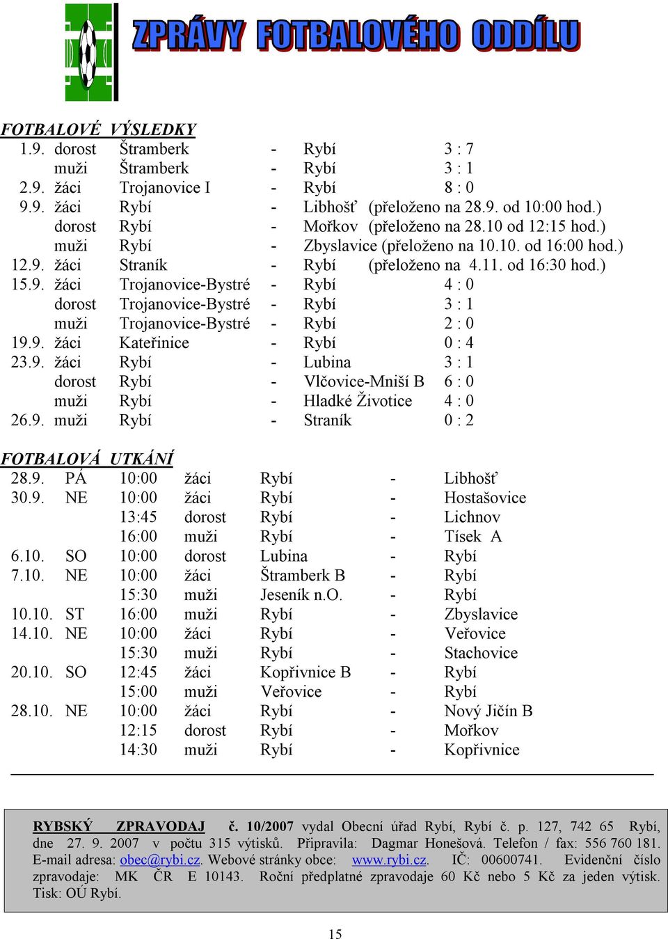 žáci Straník - Rybí (přeloženo na 4.11. od 16:30 hod.) 15.9. žáci Trojanovice-Bystré - Rybí 4 : 0 dorost Trojanovice-Bystré - Rybí 3 : 1 muži Trojanovice-Bystré - Rybí 2 : 0 19.9. žáci Kateřinice - Rybí 0 : 4 23.